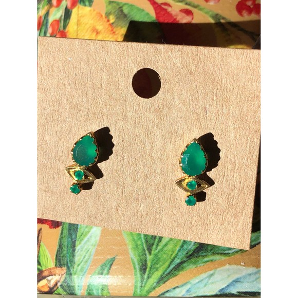 Green Onyx 24 KT Gold Over 925 Sterling Silver Post Fine Designer Jewelry - Picture 2 of 9